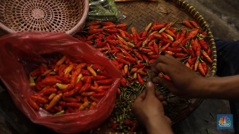 Pedagag menunggu calon pembeli di Pasar Kebayoran Lama, Jakarta, Senin (8/12/2025). (CNBC Indonesia/Tri Susilo)