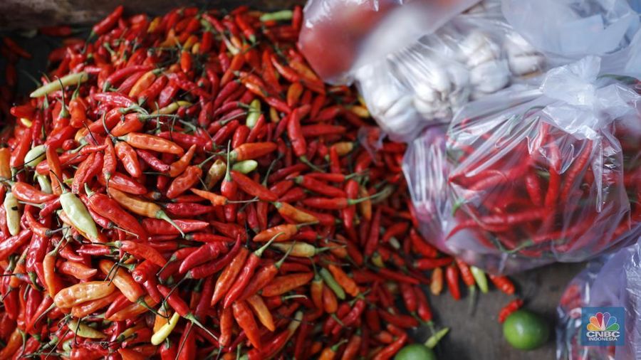 Pedagag menunggu calon pembeli di Pasar Kebayoran Lama, Jakarta, Senin (8/12/2025). (CNBC Indonesia/Tri Susilo)