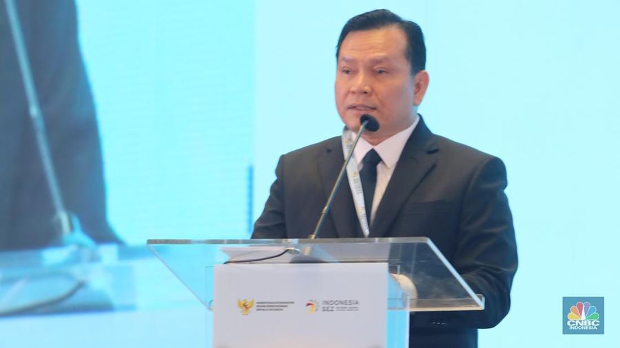 Deputi Bidang Koordinasi Energi dan Sumber Daya Mineral, Kementerian Koordinator Bidang Perekonomian, selaku Wakil Ketua I Tim Pelaksana KEK, Elen Setiadi saat menyampaikan paparan dalam Indonesia SEZ Business Forum 2025 di Jakarta, Selasa (9/12/2025). (CNBC Indonesia/Faisal Rahman)