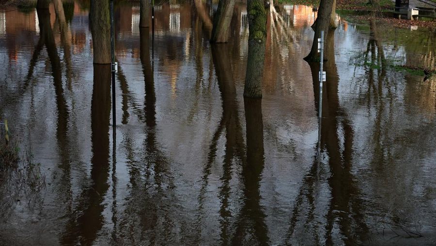 A drone view shows buildings near River Ouse, which burst its banks and partially flooded sections of nearby roads, in York, Britain, December 10, 2025. REUTERS/Phil Noble