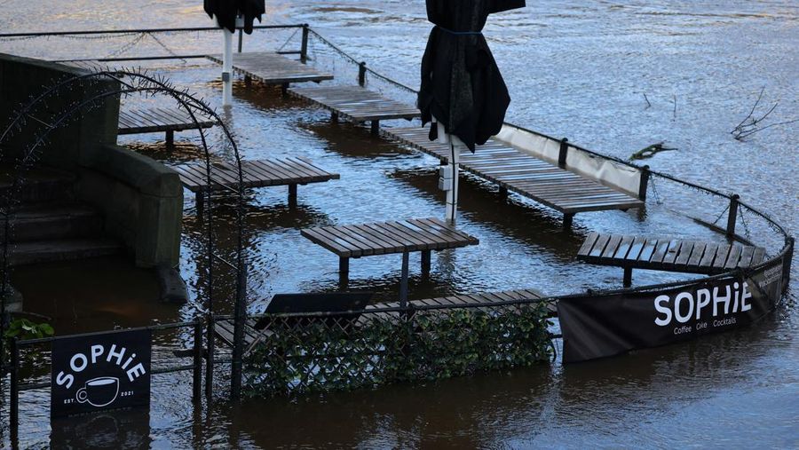 A drone view shows buildings near River Ouse, which burst its banks and partially flooded sections of nearby roads, in York, Britain, December 10, 2025. REUTERS/Phil Noble