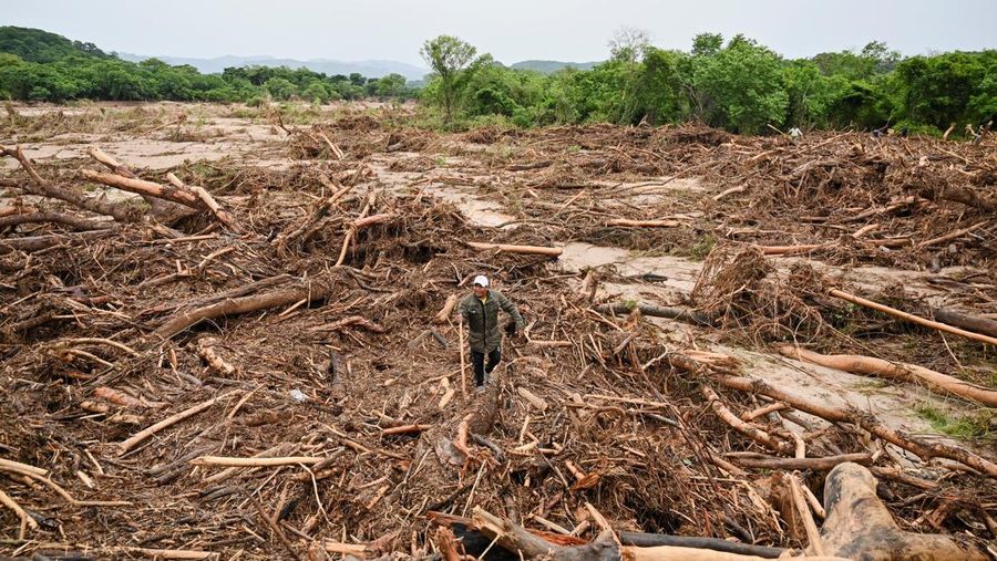 Anggota komunitas dari berbagai desa mencari orang hilang di antara puing-puing kayu setelah banjir yang dipicu oleh luapan sungai di wilayah Santa Cruz timur mengisolasi beberapa komunitas, di El Torno, Bolivia, 16 Desember 2025. (REUTERS/Claudia Morales)