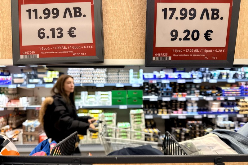 A woman shops inside a Lidl store, as prices are displayed in both the Bulgarian lev and euro currencies, ahead of Bulgaria's adoption of the euro on January 1, 2026, in Sofia, Bulgaria, December 18, 2025. REUTERS/Fedja Grulovic