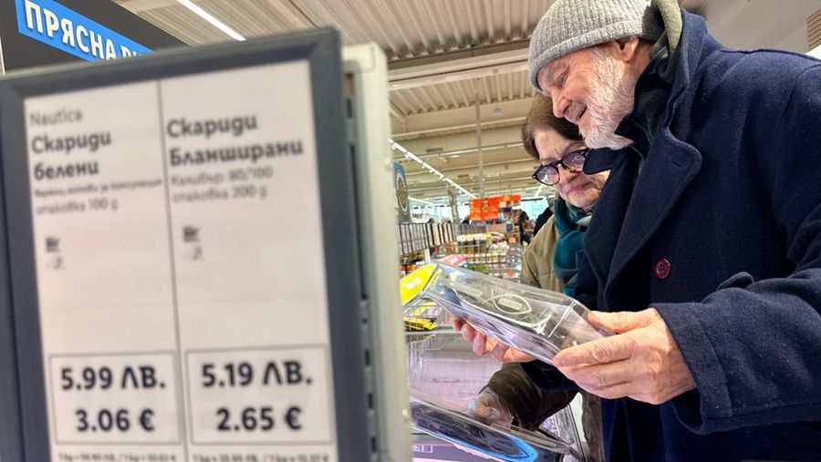 A woman shops inside a Lidl store, as prices are displayed in both the Bulgarian lev and euro currencies, ahead of Bulgaria's adoption of the euro on January 1, 2026, in Sofia, Bulgaria, December 18, 2025. REUTERS/Fedja Grulovic