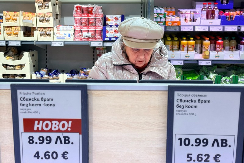 A woman shops inside a Lidl store, as prices are displayed in both the Bulgarian lev and euro currencies, ahead of Bulgaria's adoption of the euro on January 1, 2026, in Sofia, Bulgaria, December 18, 2025. REUTERS/Fedja Grulovic