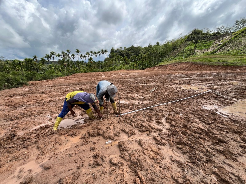 Pekerja tengah menyelesaikan satu unit huntara di Kecamatan Adiankoting, Tapanuli Utara pada Minggu (21/12). (Dok BNPB)