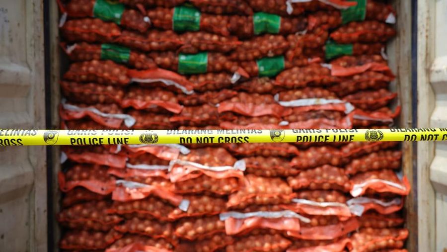 Menteri Pertanian (Mentan) Amran Sulaiman hadir langsung menyaksikan pemusnahan bawang bombai ilegal di Surabaya, Selasa (23/12/2025). (Dok. Kementan)