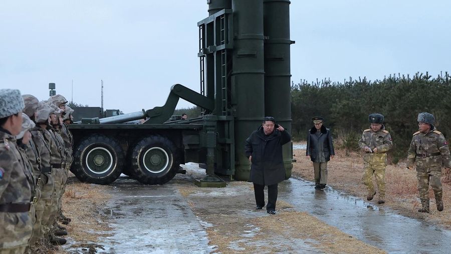 North Korean leader Kim Jong Un visits the construction site of an 8,700-ton nuclear-powered submarine capable of launching surface-to-air missiles in this picture released by North Korea's official Korean Central News Agency on December 25, 2025. KCNA via REUTERS    ATTENTION EDITORS - THIS IMAGE WAS PROVIDED BY A THIRD PARTY. REUTERS IS UNABLE TO INDEPENDENTLY VERIFY THIS IMAGE. NO THIRD PARTY SALES. SOUTH KOREA OUT. NO COMMERCIAL OR EDITORIAL SALES IN SOUTH KOREA.