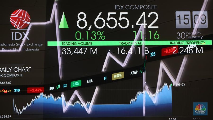 Layar menampilkan Indeks Harga Saham Gabungan (IHSG) saat Penutupan Perdagangan Bursa Efek Indonesia (BEI) Tahun 2025 di Gedung BEI, Jakarta, Selasa (30/12/2025). (CNBC Indonesia/Faisal Rahman)