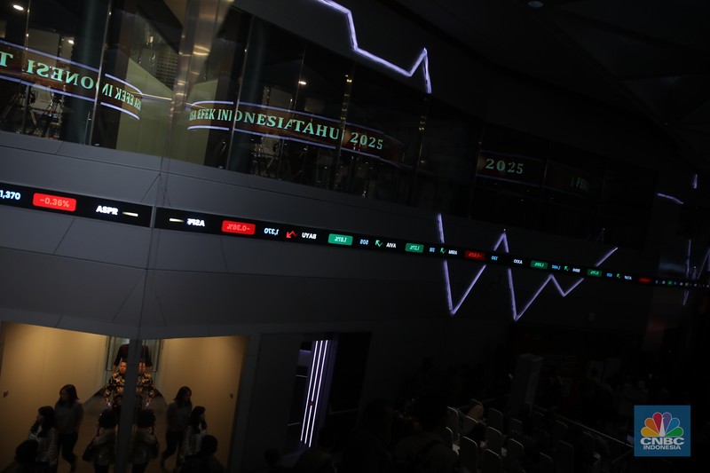Layar menampilkan Indeks Harga Saham Gabungan (IHSG) saat Penutupan Perdagangan Bursa Efek Indonesia (BEI) Tahun 2025 di Gedung BEI, Jakarta, Selasa (30/12/2025). (CNBC Indonesia/Faisal Rahman)
