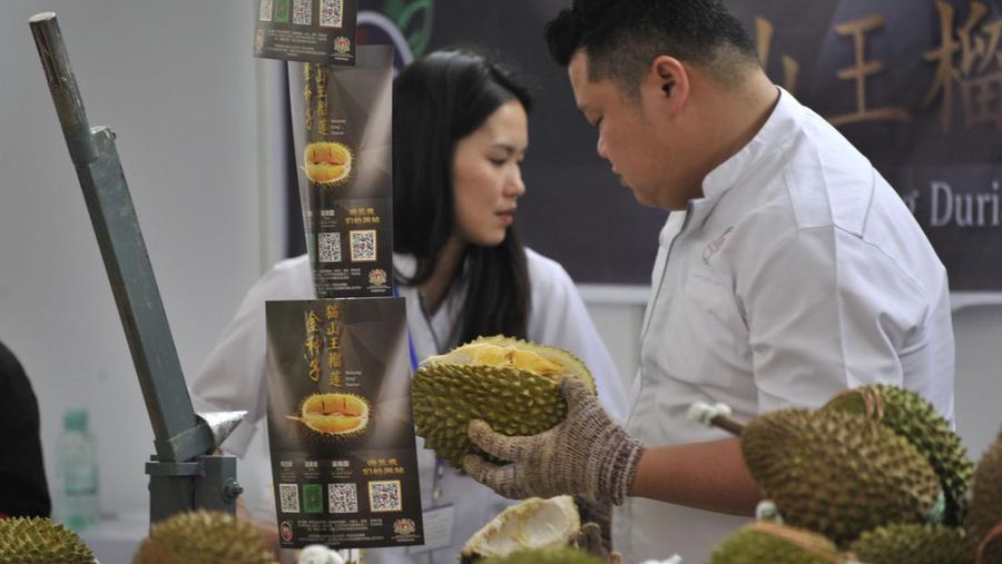 Promoters work at a booth of Musang King durians at the Malaysia Durian Festival in Nanning, Guangxi Zhuang Autonomous Region, China November 4, 2017. Picture taken November 4, 2017. REUTERS/Stringer  ATTENTION EDITORS - THIS IMAGE WAS PROVIDED BY A THIRD PARTY. CHINA OUT.