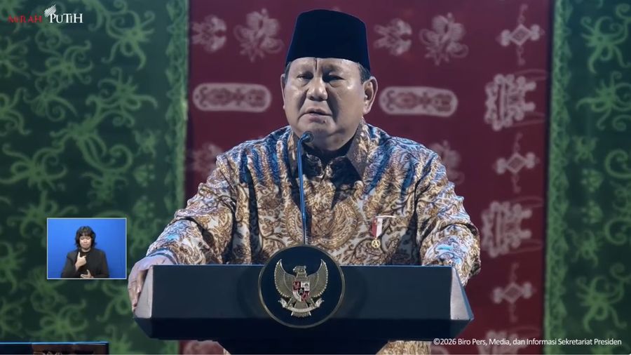 Presiden Prabowo Subianto saat menyampaikan pidato dalam Perayaan Natal Nasional 2025, Jakarta, (5/1/2026). (Tangkapan Layar Youtube/Sekretariat Presiden)