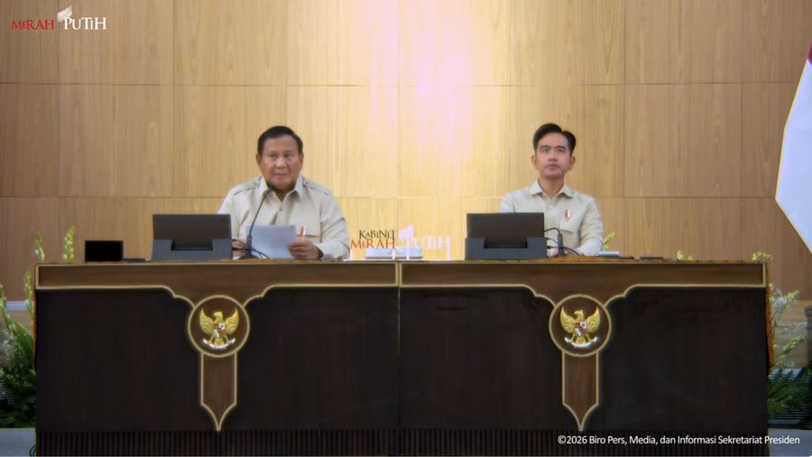Presiden Prabowo Subianto dan Wakil Presiden Gibran Rakabuming Raka saat Taklimat Awal Tahun Presiden Republik Indonesia, Hambalang, (6/1/2026). (Tangkapan Layar Youtube/Sekretariat Presiden)