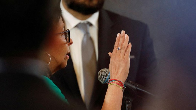 Wakil Presiden Venezuela Delcy Rodriguez resmi dilantik menjadi presiden usai Nicolas Maduro diculik pasukan Amerika Serikat pada akhir pekan lalu, Senin (5/1/2026). (AFP/MARCELO GARCIA)