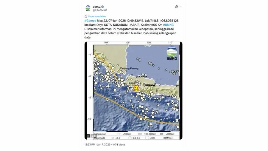 Gempa bumi mengguncang Kota Sukabumi, Jawa Barat dengan magnitudo 2,1. (X/@BMKGinfo)
