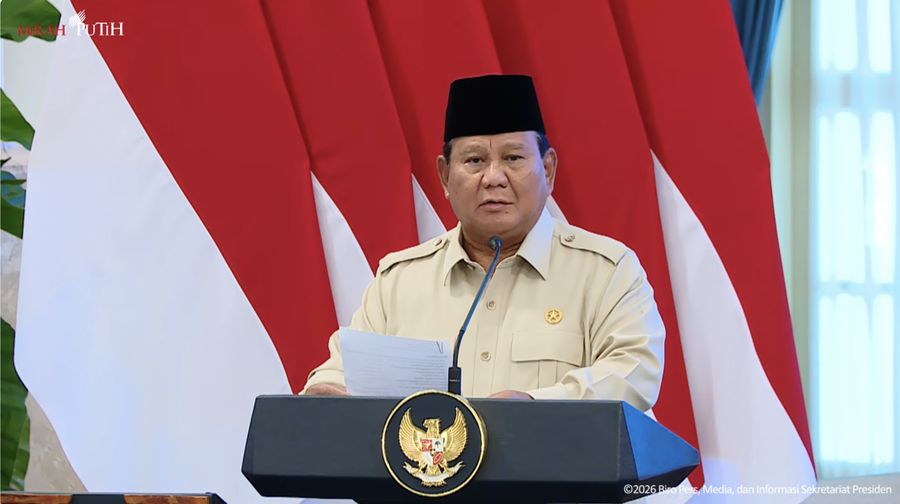 Presiden Prabowo Subianto saat menyampaikan sambutan usai memberikan Penghargaan Atlet SEA Games Ke-33 Thailand, Istana Negara, Jakarta, Kamis (8/1/2026). (Tangkapan Layar Youtube/Sekretariat Presiden)