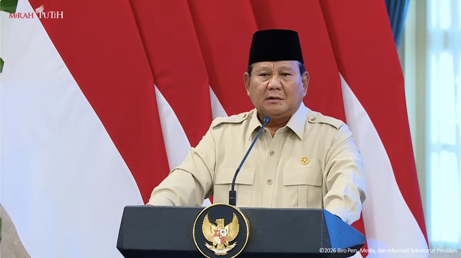 Presiden Prabowo Subianto saat menyampaikan sambutan usai memberikan Penghargaan Atlet SEA Games Ke-33 Thailand, Istana Negara, Jakarta, Kamis (8/1/2026). (Tangkapan Layar Youtube/Sekretariat Presiden)