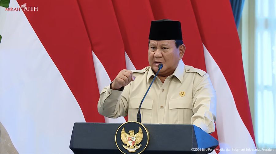 Presiden Prabowo Subianto saat menyampaikan sambutan usai memberikan Penghargaan Atlet SEA Games Ke-33 Thailand, Istana Negara, Jakarta, Kamis (8/1/2026). (Tangkapan Layar Youtube/Sekretariat Presiden)