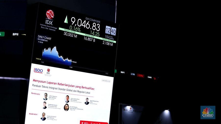 Layar menampilkan pergerakan Indeks Harga Saham Gabungan (IHSG) di Kantor Bursa Efek Indonesia (BEI), Jakarta, Kamis (15/1/2026). (CNBC Indonesia/Tri Susilo)