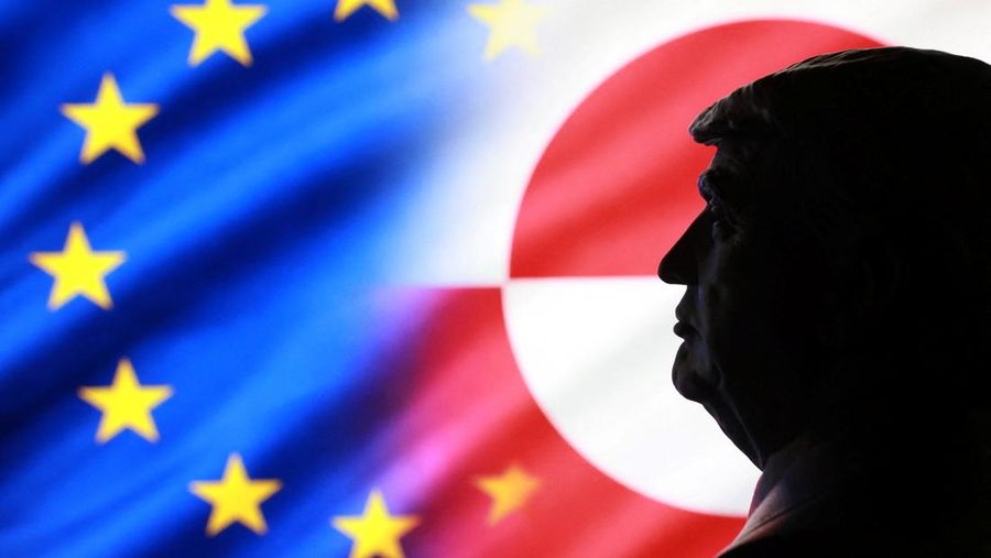 A 3D-printed miniature model of U.S. President Donald Trump, and the EU and Greenland flags appear in this illustration taken January 17, 2026. REUTERS/Dado Ruvic/Illustration