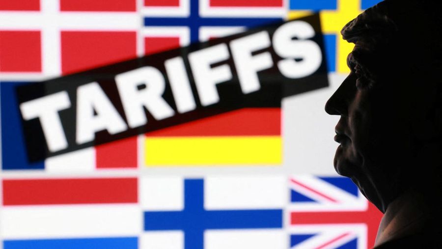 A 3D-printed miniature model of U.S. President Donald Trump and flags of eight European countries potentially facing U.S. tariffs after Trump said he may put a tariff on countries that do not support his plan for the United States to control Greenland, in this illustration taken January 17, 2026. REUTERS/Dado Ruvic/Illustration