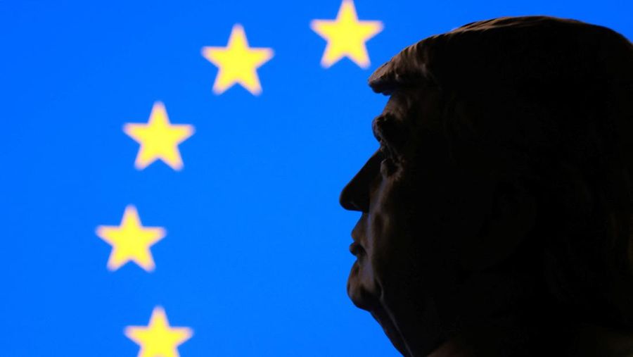 A 3D-printed miniature model of U.S. President Donald Trump, the EU flag appear in this illustration taken January 17, 2026. REUTERS/Dado Ruvic/Illustration