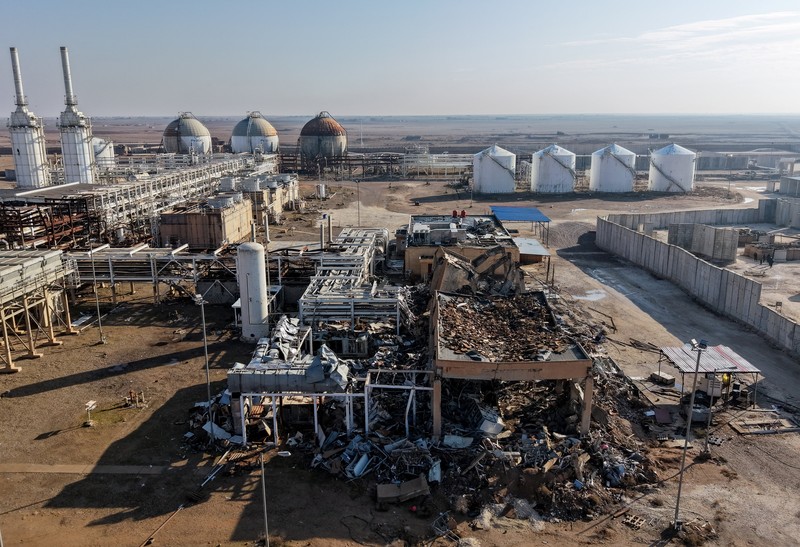 A drone view shows damage at the Conoco gas plant, after it came under the control of the Syrian government following the withdrawal of the U.S.-backed Syrian Democratic Forces (SDF), in the countryside of Deir al-Zor, Syria, January 19, 2026. REUTERS/Khalil Ashawi     TPX IMAGES OF THE DAY