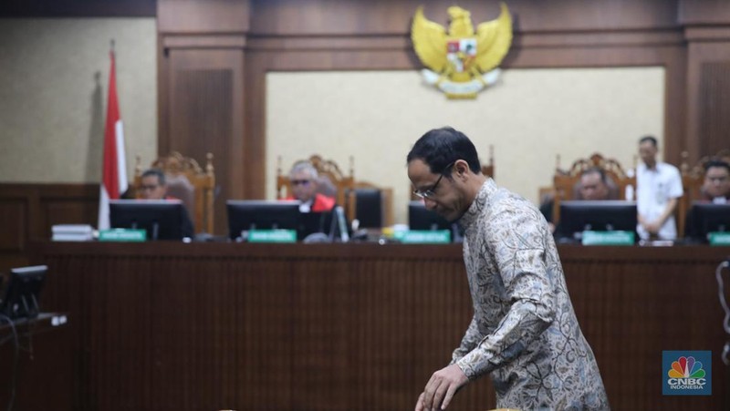 Terdakwa kasus dugaan korupsi dalam digitalisasi pendidikan pengadaan laptop Chromebook Nadiem Makarim menjalani sidang lanjutan dengan agenda mendengarkan keterangan saksi di Pengadilan Tipikor, Jakarta, Senin (19/1/2026). (CNBC Indonesia/Faisal Rahman)