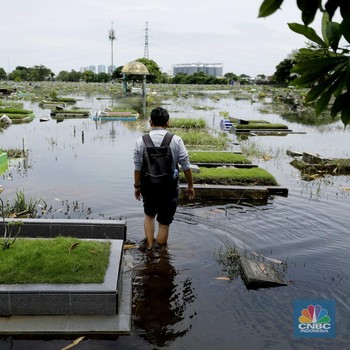 Penampakan Nyata Makam TPU Terbesar di Jakut Tenggelam karena Banjir