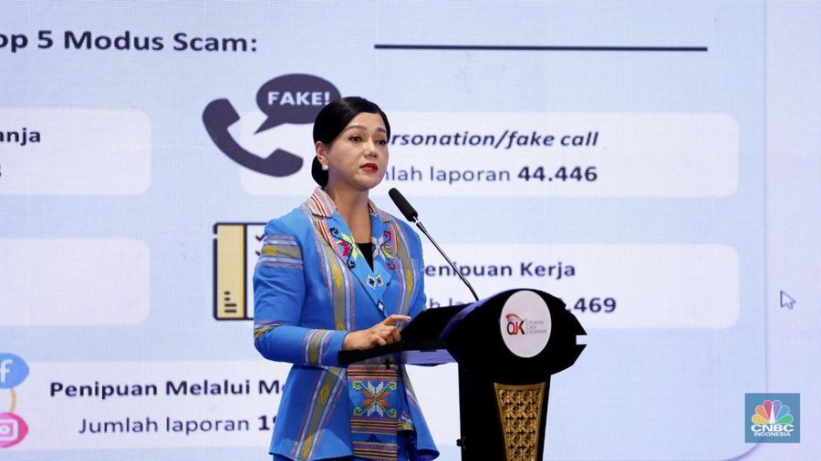 Otoritas Jasa Keuangan (OJK) bersama dengan Kementerian/Lembaga anggota Satgas PASTI melaksanakan Penyerahan Dana Masyarakat Korban Scam yang Berhasil Diselamatkan Melalui Sinergi dan Kolaborasi Indonesia Anti Scam Centre (IASC), di Gedung AA Maramis, Jakarta, Rabu (21/1/2026). (CNBC Indonesia/Tri Susilo)