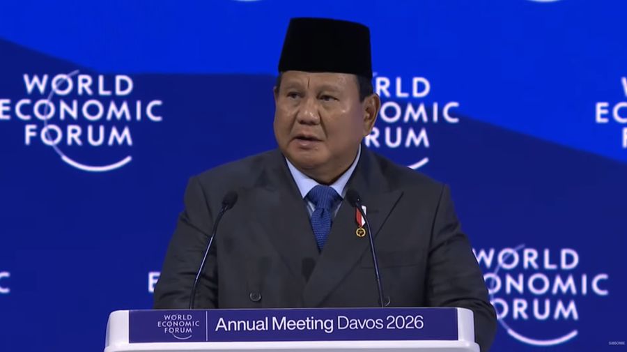 Presiden Prabowo Subianto saat menyampaikan pidato kunci (keynote speech) dalam World Economic Forum (WEF) 2026 di Davos, Swiss, pada Kamis, (22/1/2026). (Tangkapan Layar Youtube/Badan Komunikasi Pemerintah RI)