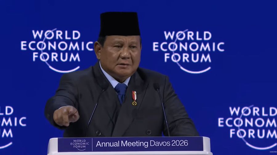 Presiden Prabowo Subianto saat menyampaikan pidato kunci (keynote speech) dalam World Economic Forum (WEF) 2026 di Davos, Swiss, pada Kamis, (22/1/2026). (Tangkapan Layar Youtube/Badan Komunikasi Pemerintah RI)