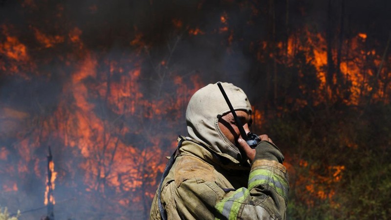 Seorang petugas pemadam kebakaran berdiri di samping kobaran api yang masih berlangsung di daerah Franschhoek, Cape Town, Afrika Selatan, 21 Januari 2026. (REUTERS/Esa Alexander)