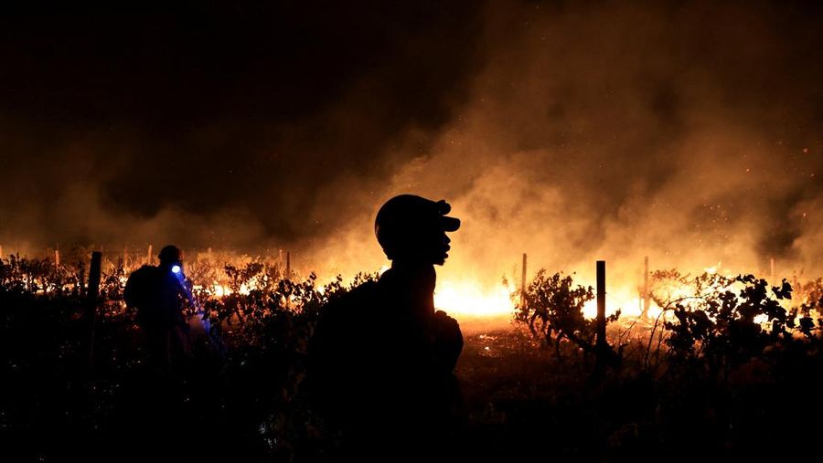 Seorang petugas pemadam kebakaran berdiri di samping kobaran api yang masih berlangsung di daerah Franschhoek, Cape Town, Afrika Selatan, 21 Januari 2026. (REUTERS/Esa Alexander)