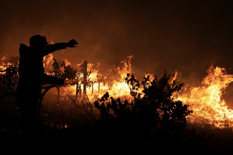 Seorang petugas pemadam kebakaran berdiri di samping kobaran api yang masih berlangsung di daerah Franschhoek, Cape Town, Afrika Selatan, 21 Januari 2026. (REUTERS/Esa Alexander)
