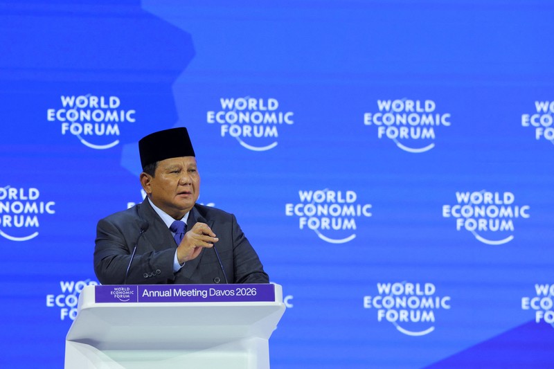 Presiden Prabowo Subianto saat menyampaikan pidato kunci (keynote speech) dalam World Economic Forum (WEF) 2026 di Davos, Swiss, Kamis (22/1/2026). (REUTERS/Denis Balibouse)