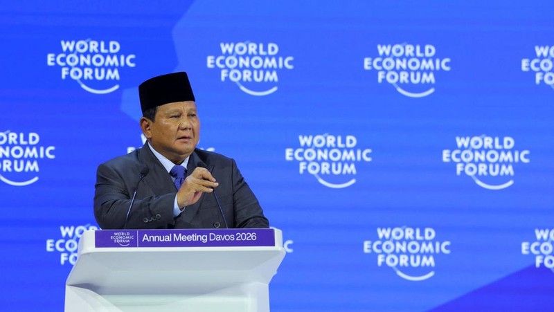 Presiden Prabowo Subianto saat menyampaikan pidato kunci (keynote speech) dalam World Economic Forum (WEF) 2026 di Davos, Swiss, Kamis (22/1/2026). (REUTERS/Denis Balibouse)