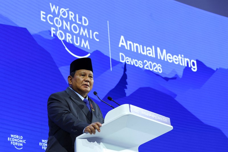 Presiden Prabowo Subianto saat menyampaikan pidato kunci (keynote speech) dalam World Economic Forum (WEF) 2026 di Davos, Swiss, Kamis (22/1/2026). (REUTERS/Denis Balibouse)