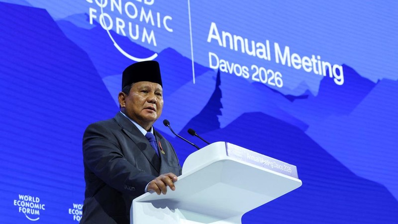 Presiden Prabowo Subianto saat menyampaikan pidato kunci (keynote speech) dalam World Economic Forum (WEF) 2026 di Davos, Swiss, Kamis (22/1/2026). (REUTERS/Denis Balibouse)