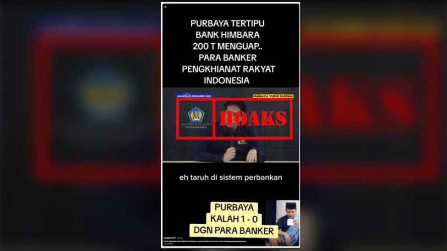 Berita yang menyatakan &ldquo;Menkeu Purbaya Yudhi Sadewa, telah tertipu Bank Himbara 200 T -  para banker pengkhianat rakyat Indonesia. Purbaya kalah 1-0 dengan para banker, adalah HOAKS. (X/@PPIDKemenkeu)