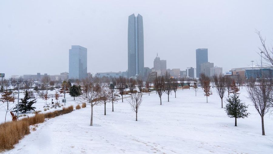 Salju turun di atas Scissortail Park selama Badai Musim Dingin Fern di Oklahoma City, Oklahoma, AS, 24 Januari 2026. (REUTERS/Nick Oxford)