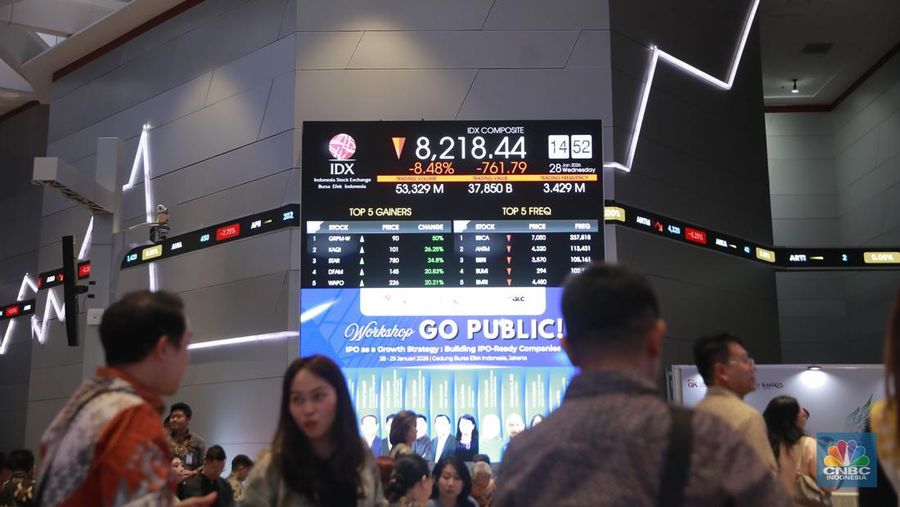 Indeks Harga Saham Gabungan (IHSG) pada perdagangan siang hari jeda Sesi I Rabu (28/1/2026), mencatatkan pelemahan yang amat dalam mencapai ambles 7,34% di posisi 8.321. (CNBC Indonesia/Muhammad Sabki)