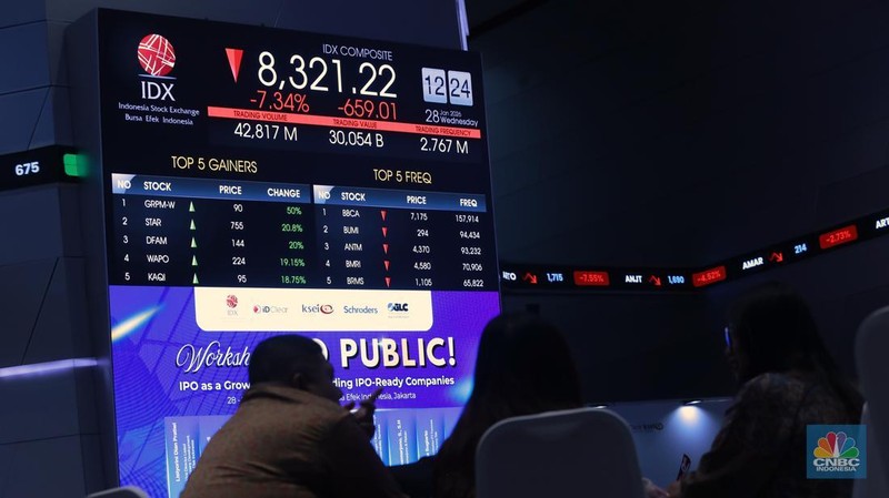 Suasana layar digital pergerakan harga saham di Bursa Efek Indonesia, Jakarta, Rabu (28/1/2026). (CNBC Indonesia/Muhammad Sabki)