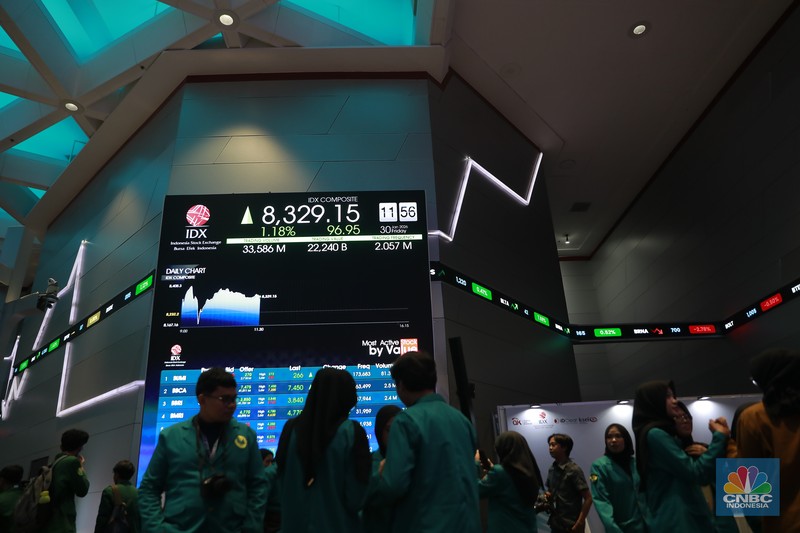 Suasana layar digital pergerakan harga saham di Bursa Efek Indonesia, Jakarta, Jumat (30/1/2026). (CNBC Indonesia/Muhammad Sabki)