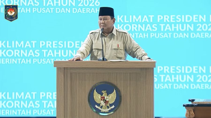 Presiden Prabowo Subianto saat menyampaikan paparan dalam Rakornas Pemerintah Pusat dan Daerah Tahun 2026, Sentul, Senin (2/2/2026). (Tangkapan Layar Youtube/Kemendag RI)