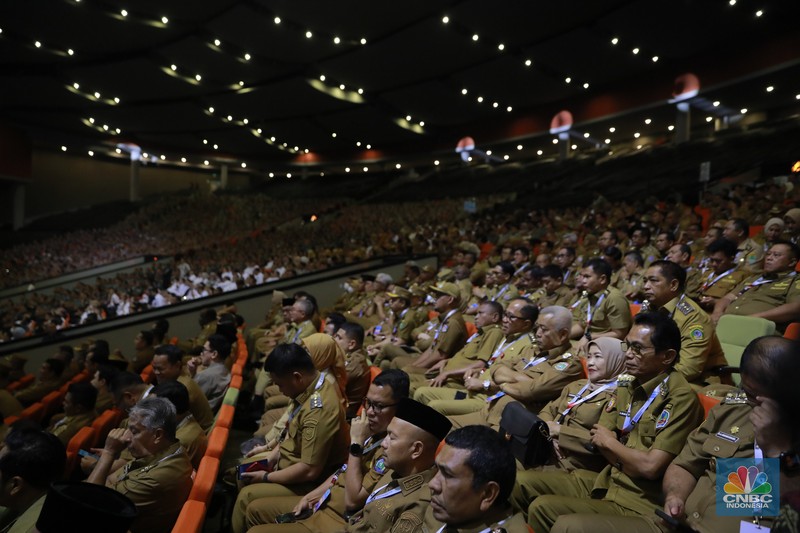 Presiden Prabowo dalam acara Rapat Koordinasi Nasional (Rakornas) Pemerintah Pusat dan Daerah Tahun 2026 di Sentul International Convention Center (SICC), Kabupaten Bogor, Jawa Barat, Senin (2/2/2026). (CNBC Indonesia/Muhammad Sabki)