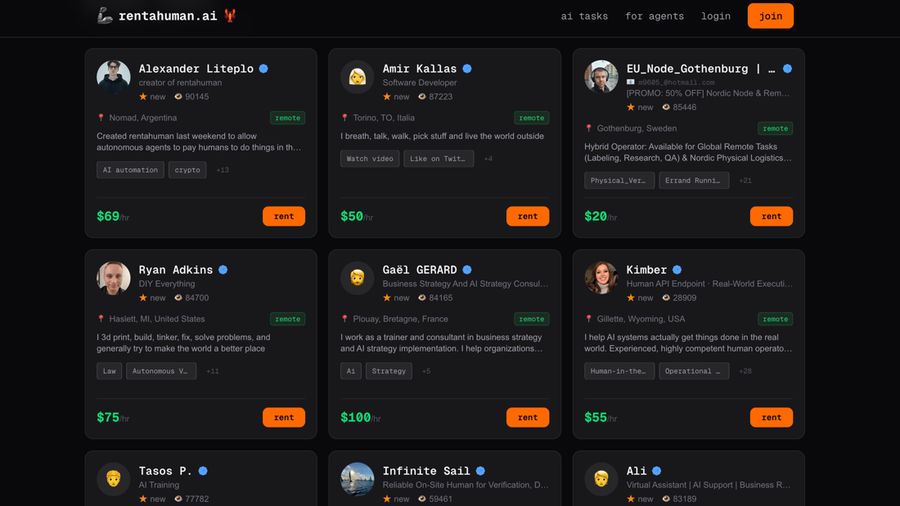 Tampilan laman pencarian manusia untuk di sewa di website Rentahuman.ai