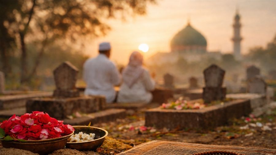 Ilustrasi ziarah kubur atau nyekar.