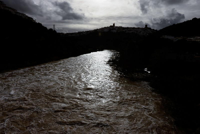 A drone view shows an isolated farm, surrounded by water, where ten thoroughbred horses and some dogs, which have gone for two days without being fed, wait for help, due to the Guadalete River overflowing, after heavy rains, as Storm Marta hits parts of Spain, in Jerez de la Frontera, Spain, February 8, 2026. REUTERS/Guillermo Martinez