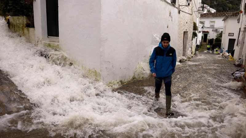 A drone view shows an isolated farm, surrounded by water, where ten thoroughbred horses and some dogs, which have gone for two days without being fed, wait for help, due to the Guadalete River overflowing, after heavy rains, as Storm Marta hits parts of Spain, in Jerez de la Frontera, Spain, February 8, 2026. REUTERS/Guillermo Martinez